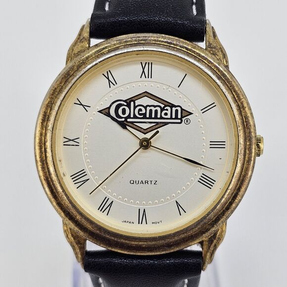 VTG Coleman Men's Watch 35MM Cream Dial New Black Leather Bands New Battery - Picture 1 of 14